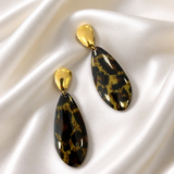 Boucles d'Oreille Longues Clara – Résine Marbrée Puce Dorée – Acier Inoxydable 316L